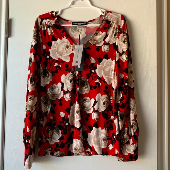 Karl Lagerfeld Tops - Karl Lagerfeld women’s red black V-neck pleated floral blouse size M